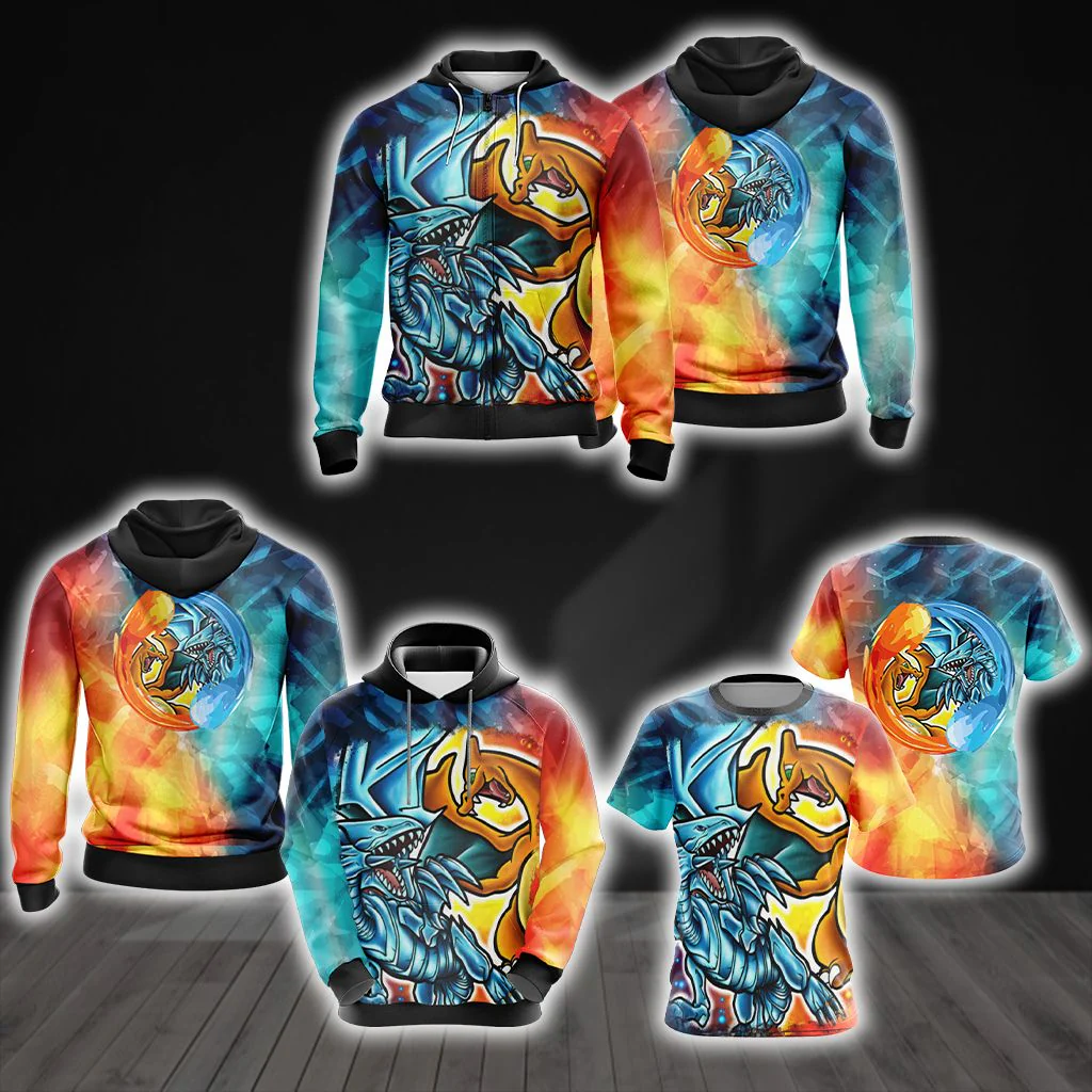 Yugioh - Charizard vs Blue Eyes White Dragon Unisex 3D T-shirt - Image 4